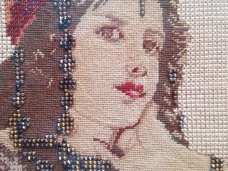 Russian beaded tapestry portrait detail, September 30 2017